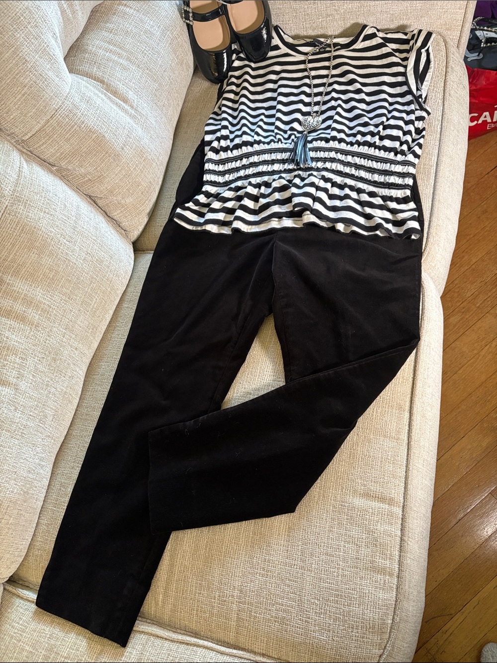 Ann Taylor Velvet Black Cropped Women's Ankle Pants & stripped Top